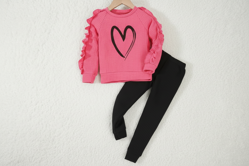 Sweet & Stylish: Heart Print Ruffle Sleeve Top and Legging Set
