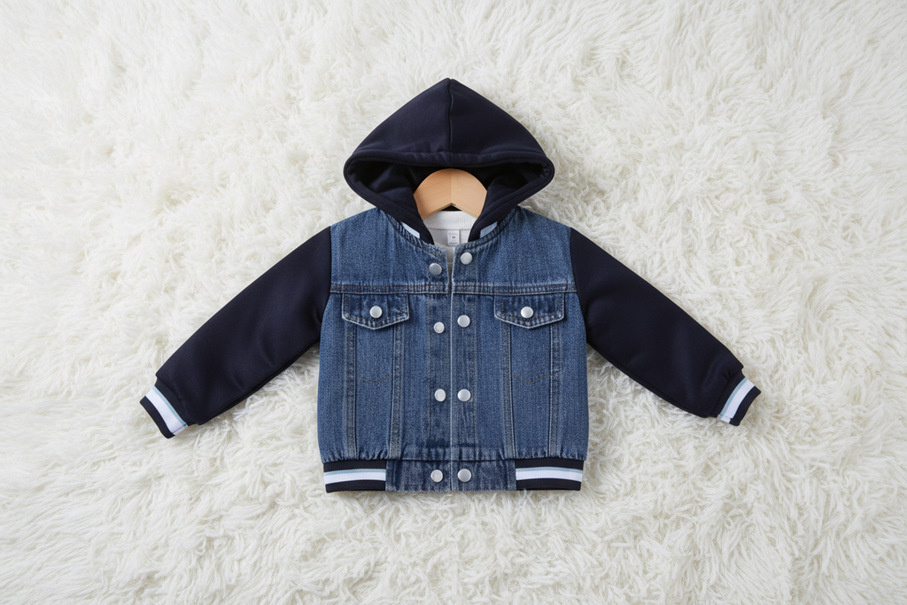 Children's denim jacket with navy sleeves on a white background