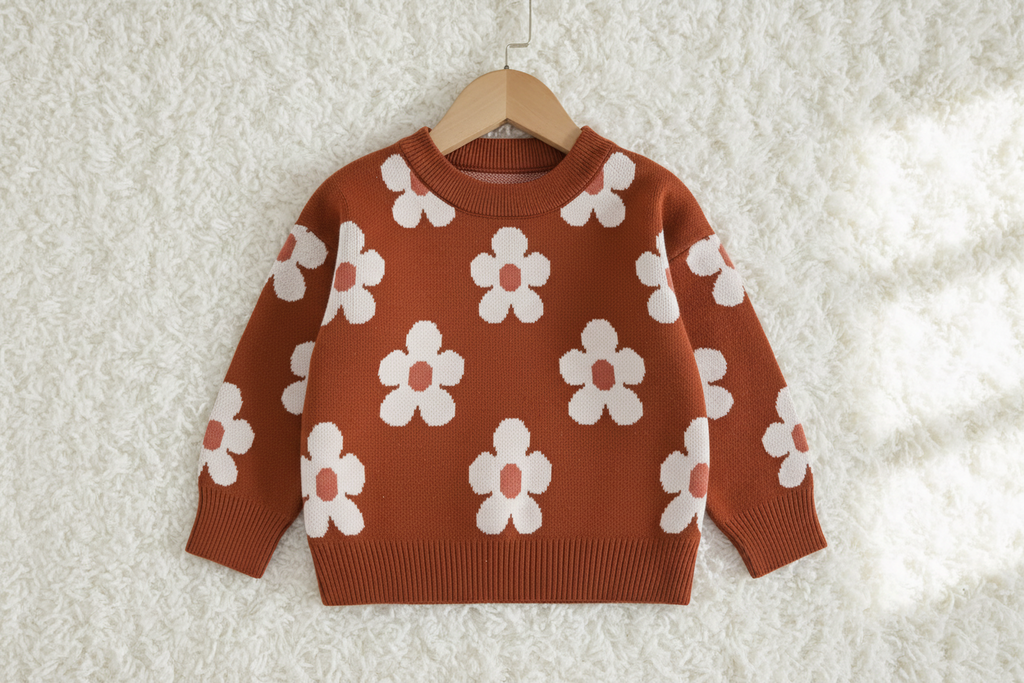 Brown sweater with white floral patterns on a hanger against a white background