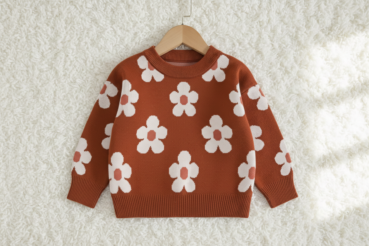 Brown sweater with white floral patterns on a hanger against a white background