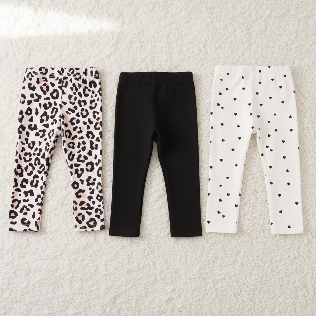 Three pairs of leggings with different patterns on a light gray background