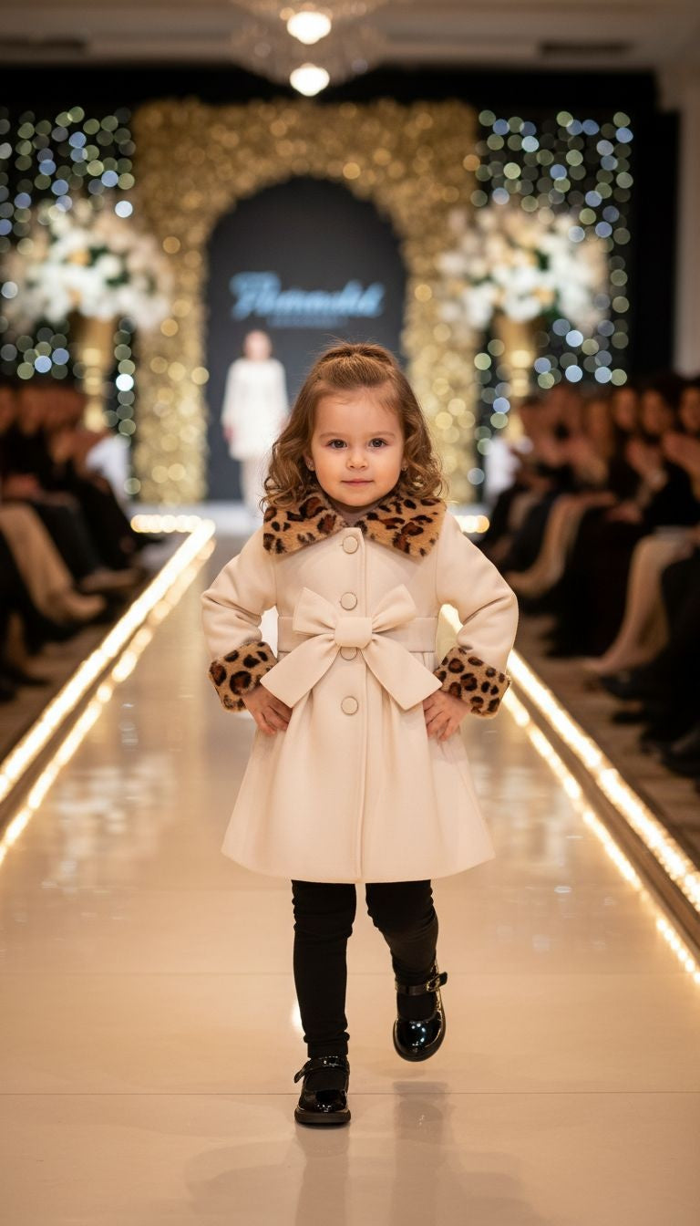 Mini Couture Leopard‑Trim Bow Coat