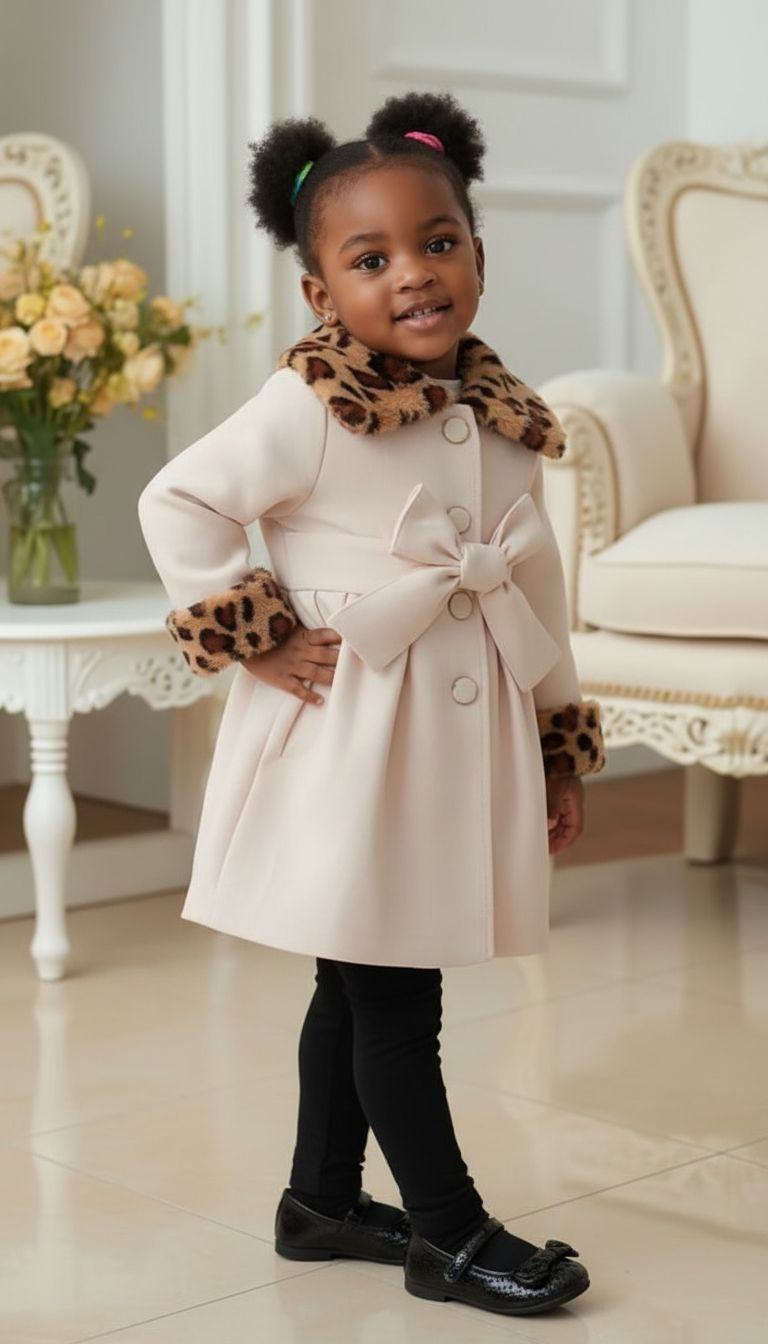 Mini Couture Leopard‑Trim Bow Coat