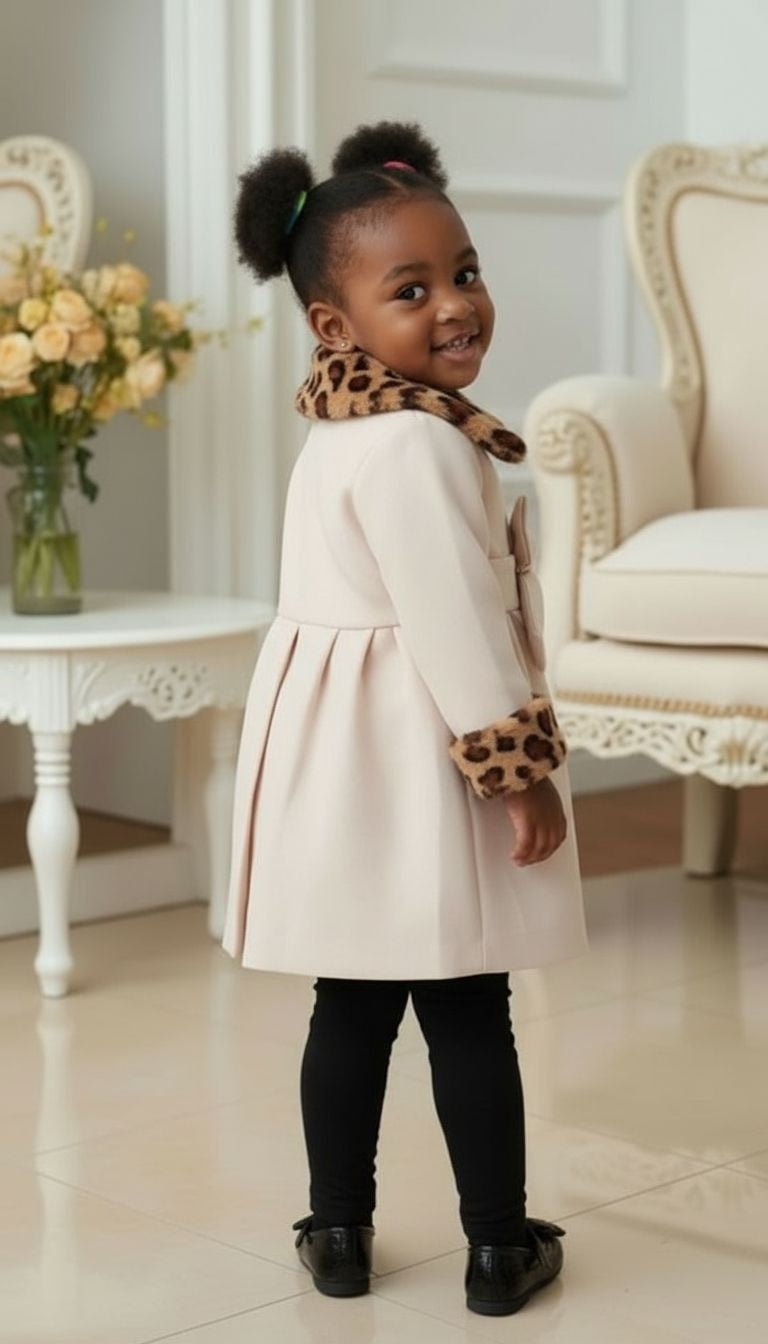 Mini Couture Leopard‑Trim Bow Coat