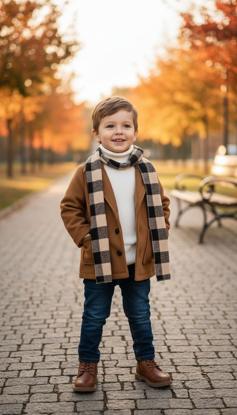Cozy Classic Trench Coat with Checkered Scarf