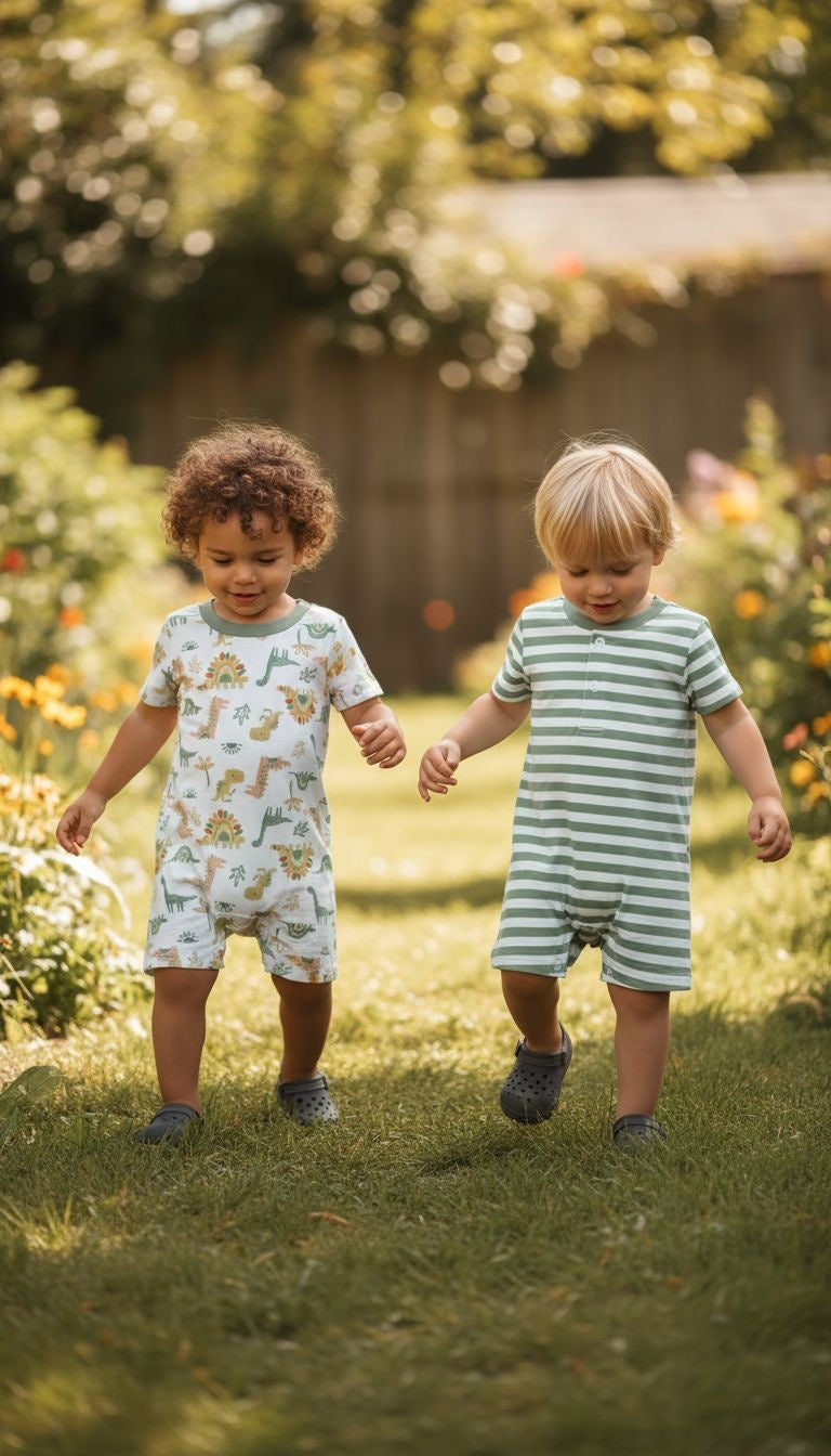 2‑Piece Baby Romper Set – Dino Print & Green Stripes