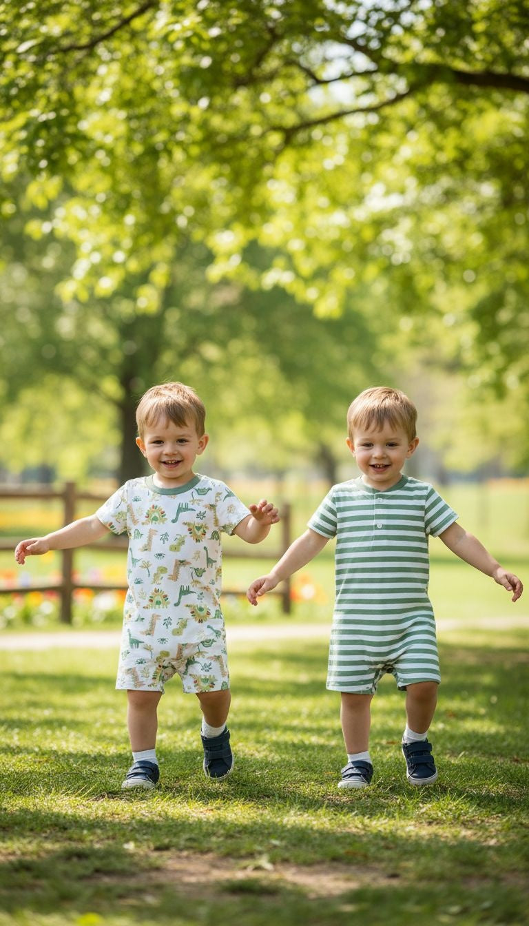 2‑Piece Baby Romper Set – Dino Print & Green Stripes