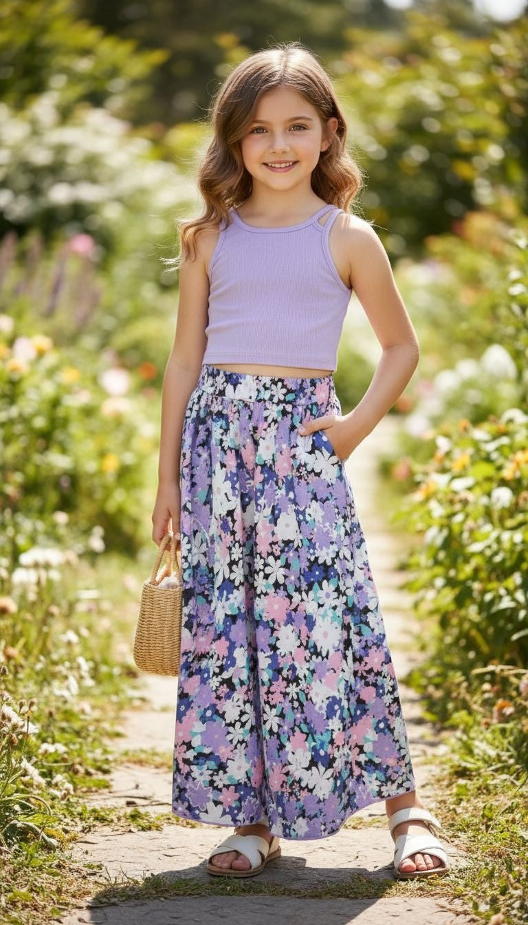 Girls’ Pastel Floral Maxi Skirt & Ribbed Tank Top Set – 2‑Piece Outfit