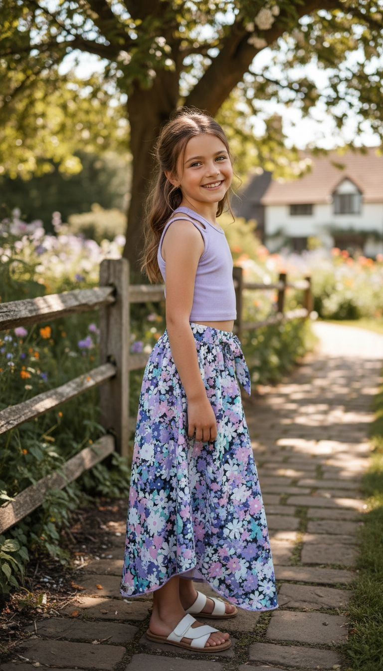 Girls’ Pastel Floral Maxi Skirt & Ribbed Tank Top Set – 2‑Piece Outfit