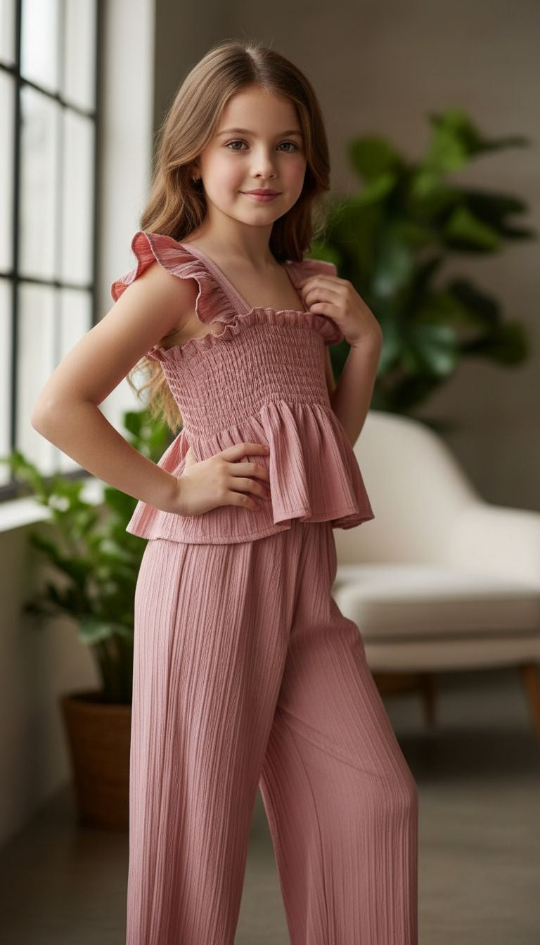 Girls’ Ruffle Strap Smocked Top & Wide‑Leg Pants Set – 2‑Piece Outfit