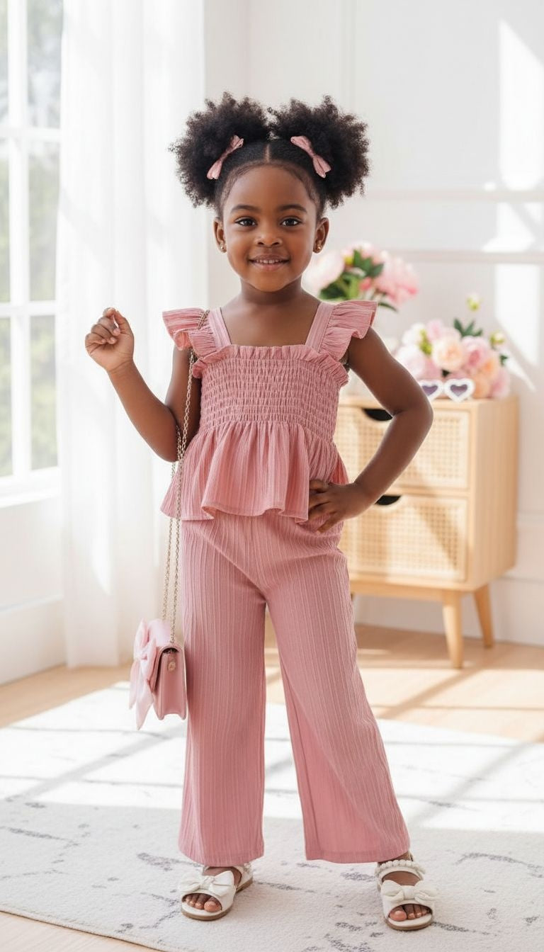 Girls’ Ruffle Strap Smocked Top & Wide‑Leg Pants Set – 2‑Piece Outfit