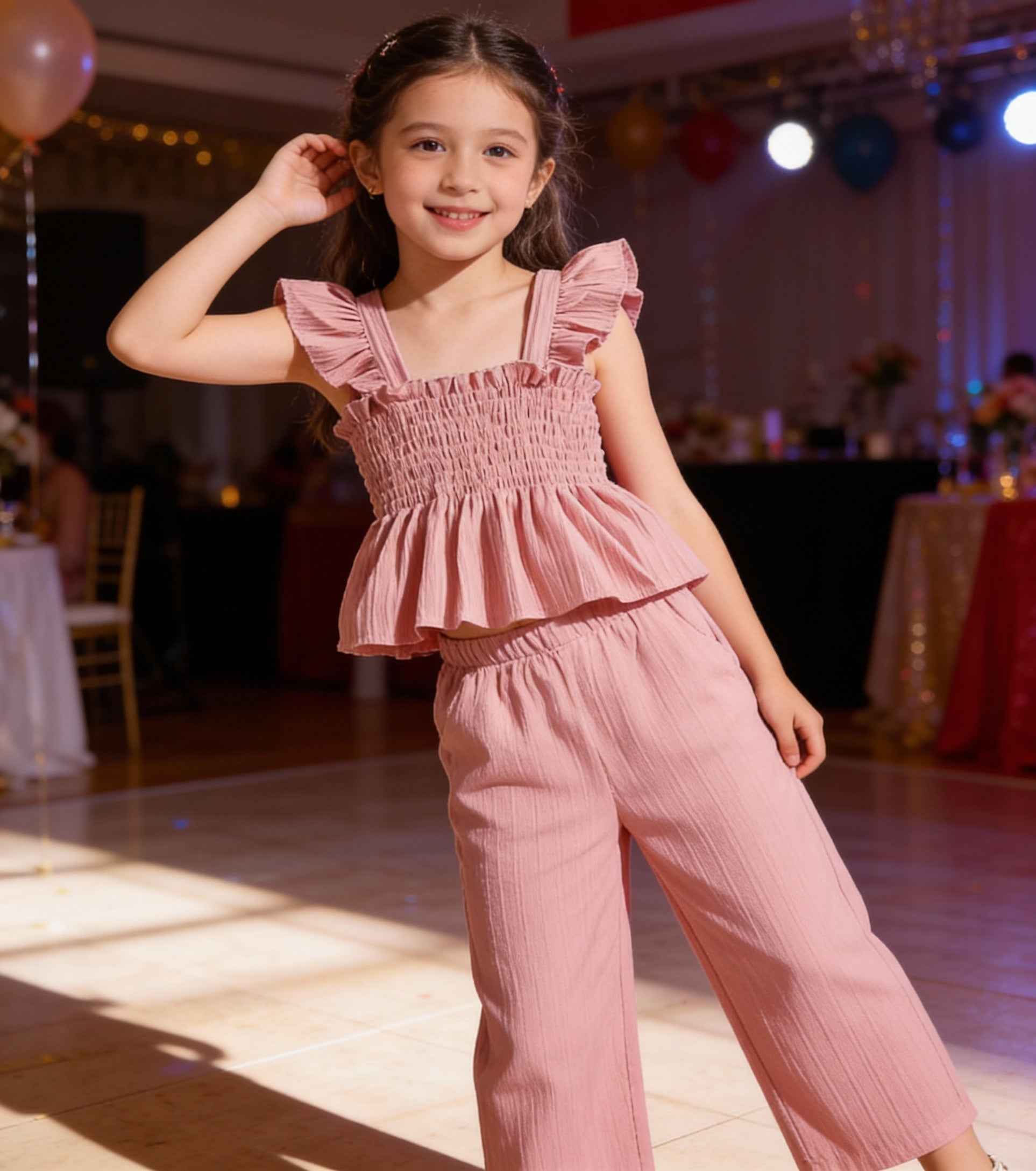Girls’ Ruffle Strap Smocked Top & Wide‑Leg Pants Set – 2‑Piece Outfit