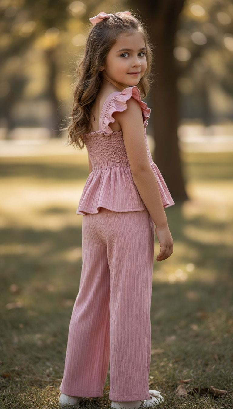 Girls’ Ruffle Strap Smocked Top & Wide‑Leg Pants Set – 2‑Piece Outfit