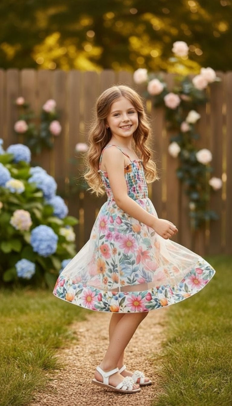 Girls’ Floral Smocked Romper with Sheer Overlay Skirt – 2‑in‑1 Summer Outfit