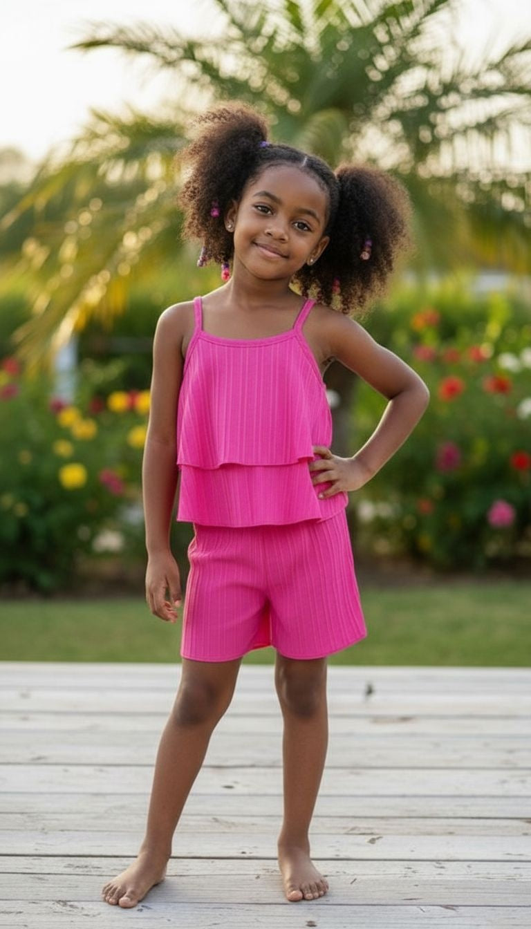 Girls’ Layered Tank Top & Shorts Set – 2‑Piece Summer Outfit