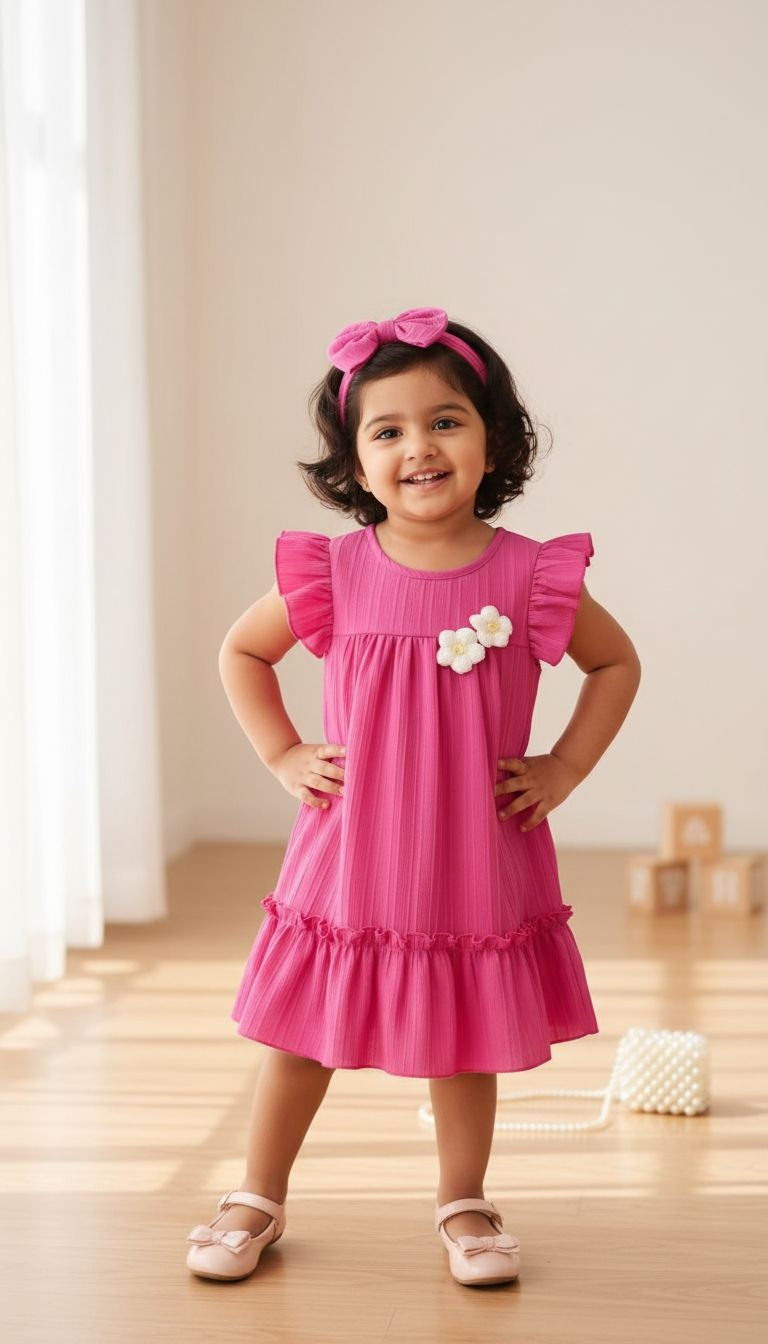 Girls’ Flutter Sleeve Textured Dress with Floral Appliqué & Matching Bow