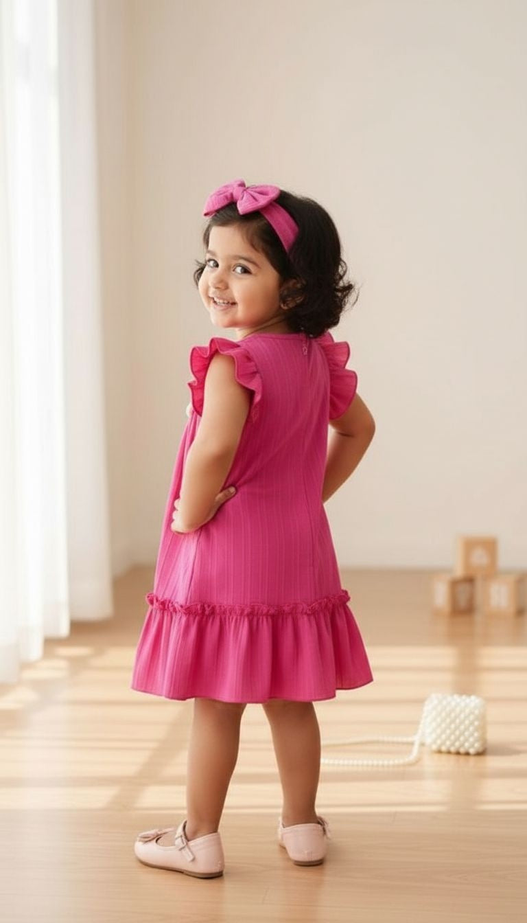 Girls’ Flutter Sleeve Textured Dress with Floral Appliqué & Matching Bow