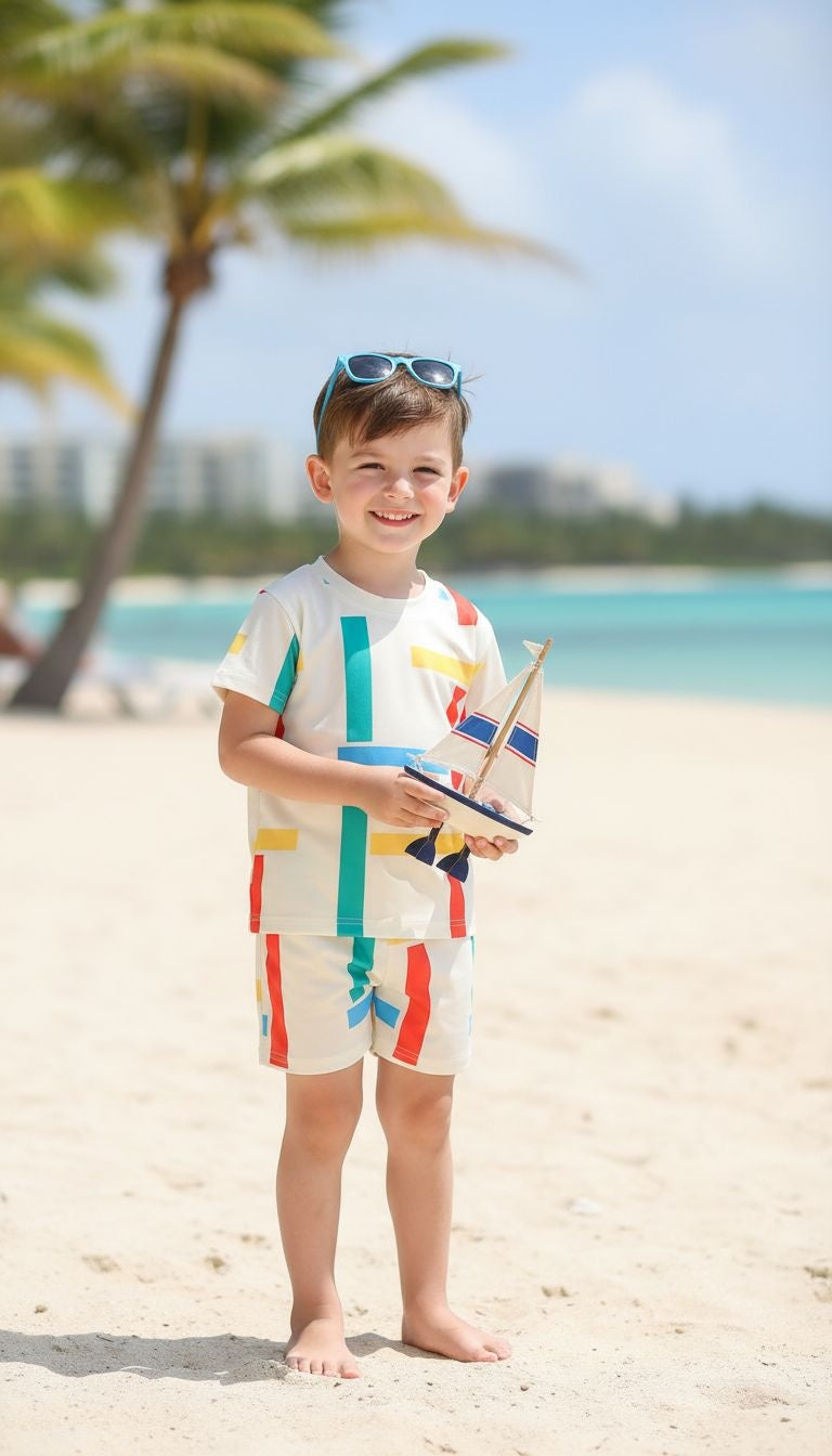 Boys’ Color‑Block Geometric Short Sleeve Top & Shorts Set – 2‑Piece Outfit