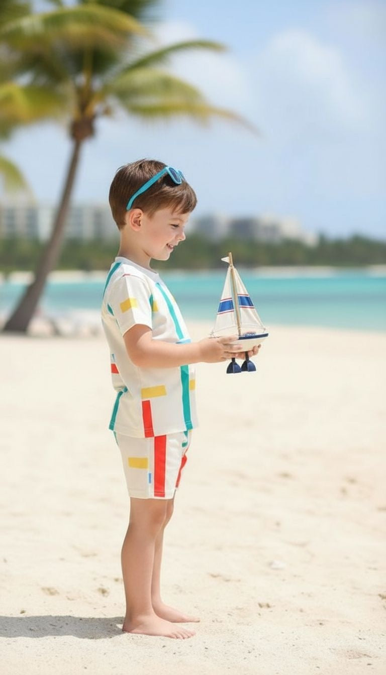 Boys’ Color‑Block Geometric Short Sleeve Top & Shorts Set – 2‑Piece Outfit