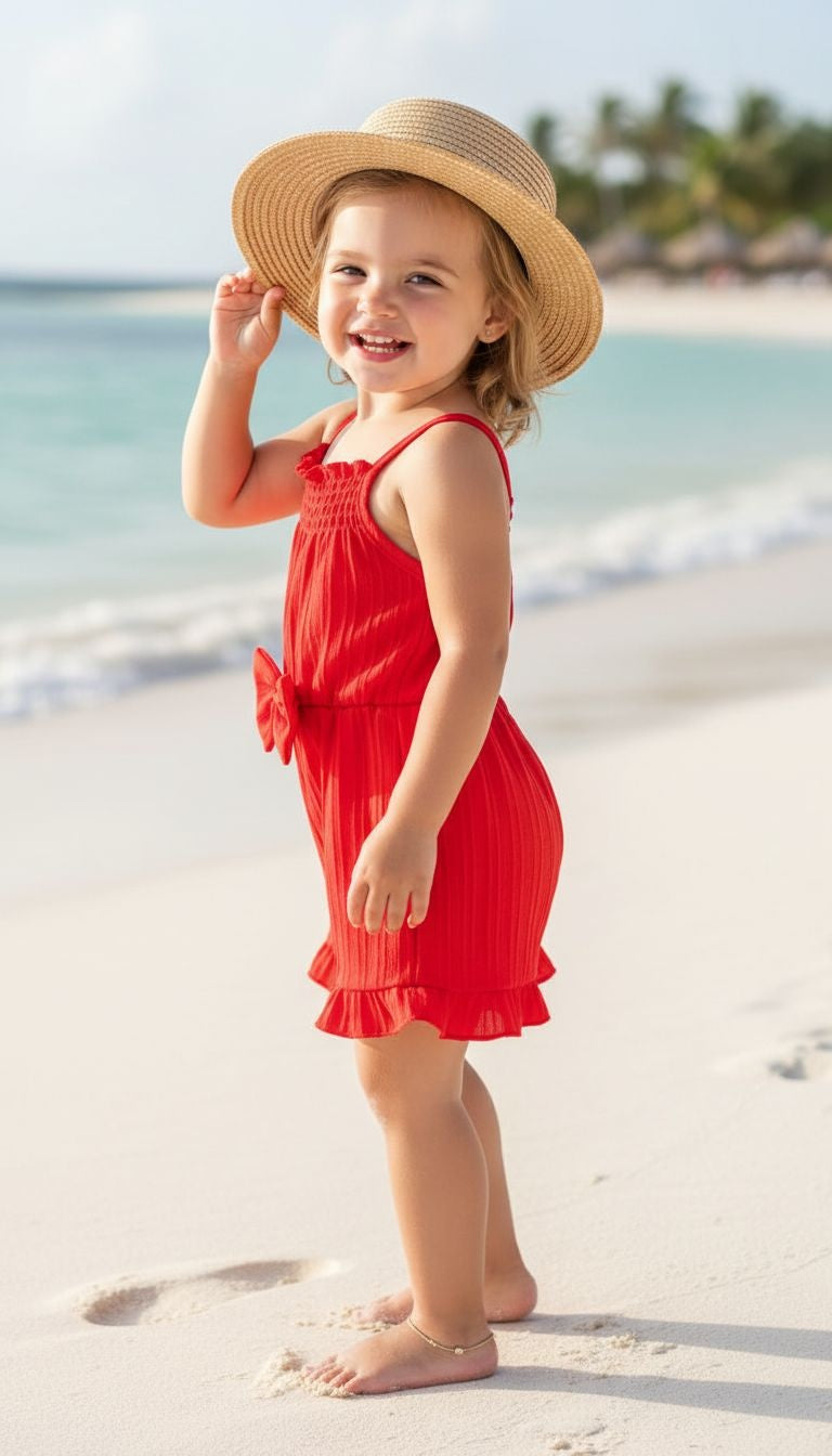 Girls’ Ruffle Hem Smocked Romper with Bow Detail – Summer One‑Piece Outfit