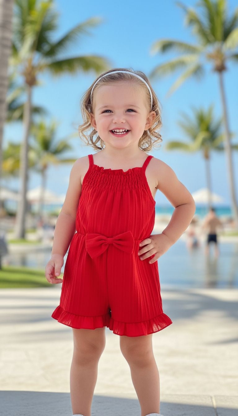 Girls’ Ruffle Hem Smocked Romper with Bow Detail – Summer One‑Piece Outfit