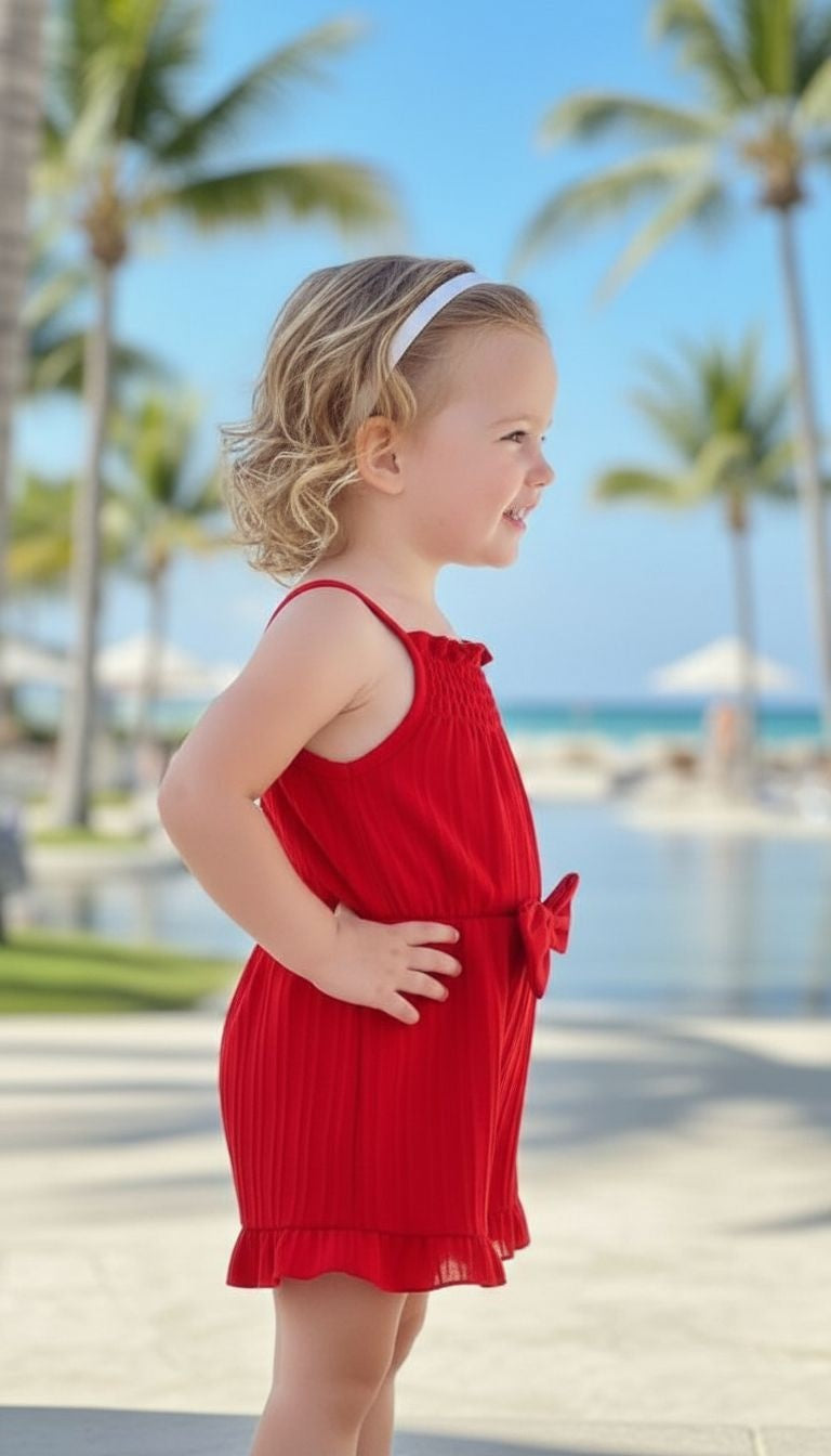 Girls’ Ruffle Hem Smocked Romper with Bow Detail – Summer One‑Piece Outfit