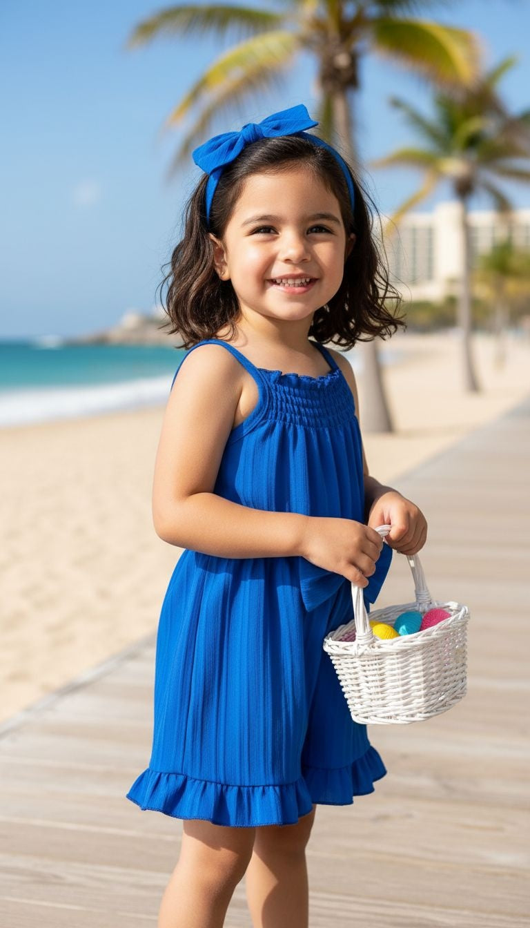 Girls’ Ruffle Hem Smocked Romper with Bow Detail – Summer One‑Piece Outfit