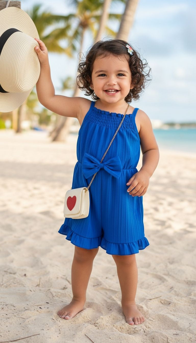 Girls’ Ruffle Hem Smocked Romper with Bow Detail – Summer One‑Piece Outfit