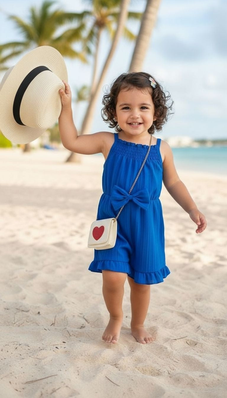 Girls’ Ruffle Hem Smocked Romper with Bow Detail – Summer One‑Piece Outfit