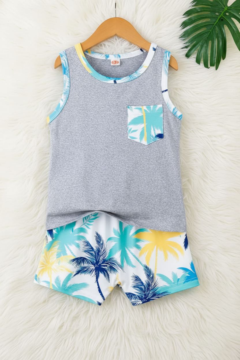 Boys’ Tropical Palm Tank Top & Shorts Set – 2‑Piece Summer Outfit