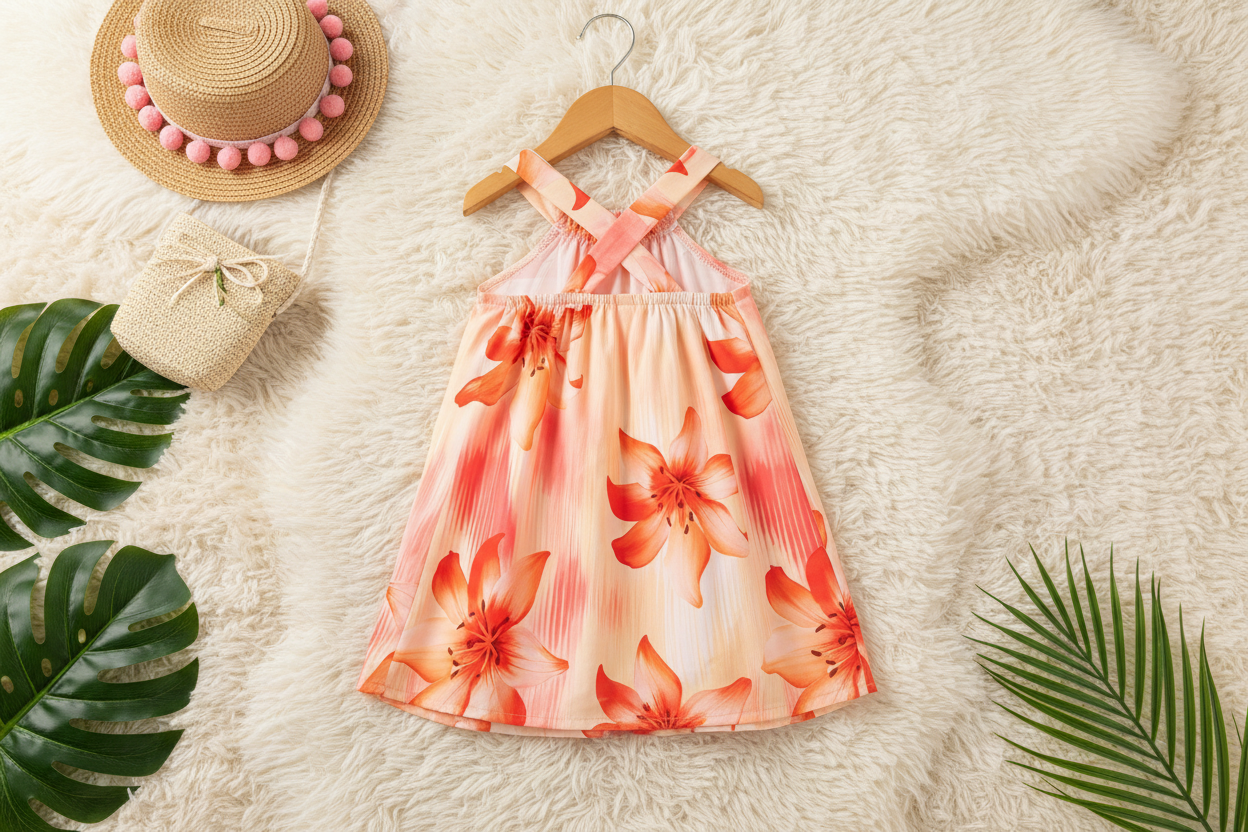 Girls’ Tropical Floral Halter Sundress – Crossback Summer Steeze