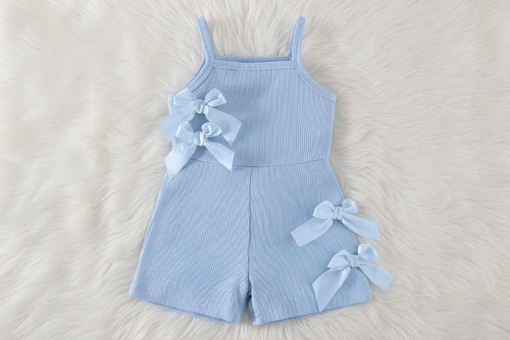 Girls’ Bow Accent Ribbed Romper – Sleeveless One‑Piece Summer Outfit