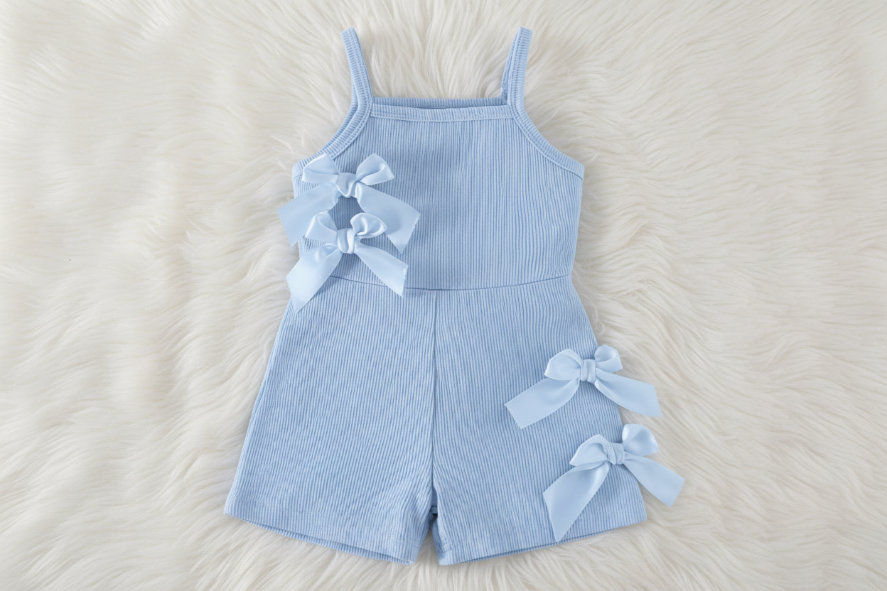 Girls’ Bow Accent Ribbed Romper – Sleeveless One‑Piece Summer Outfit