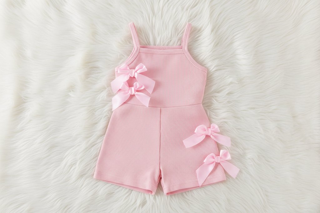 Girls’ Bow Accent Ribbed Romper – Sleeveless One‑Piece Summer Outfit