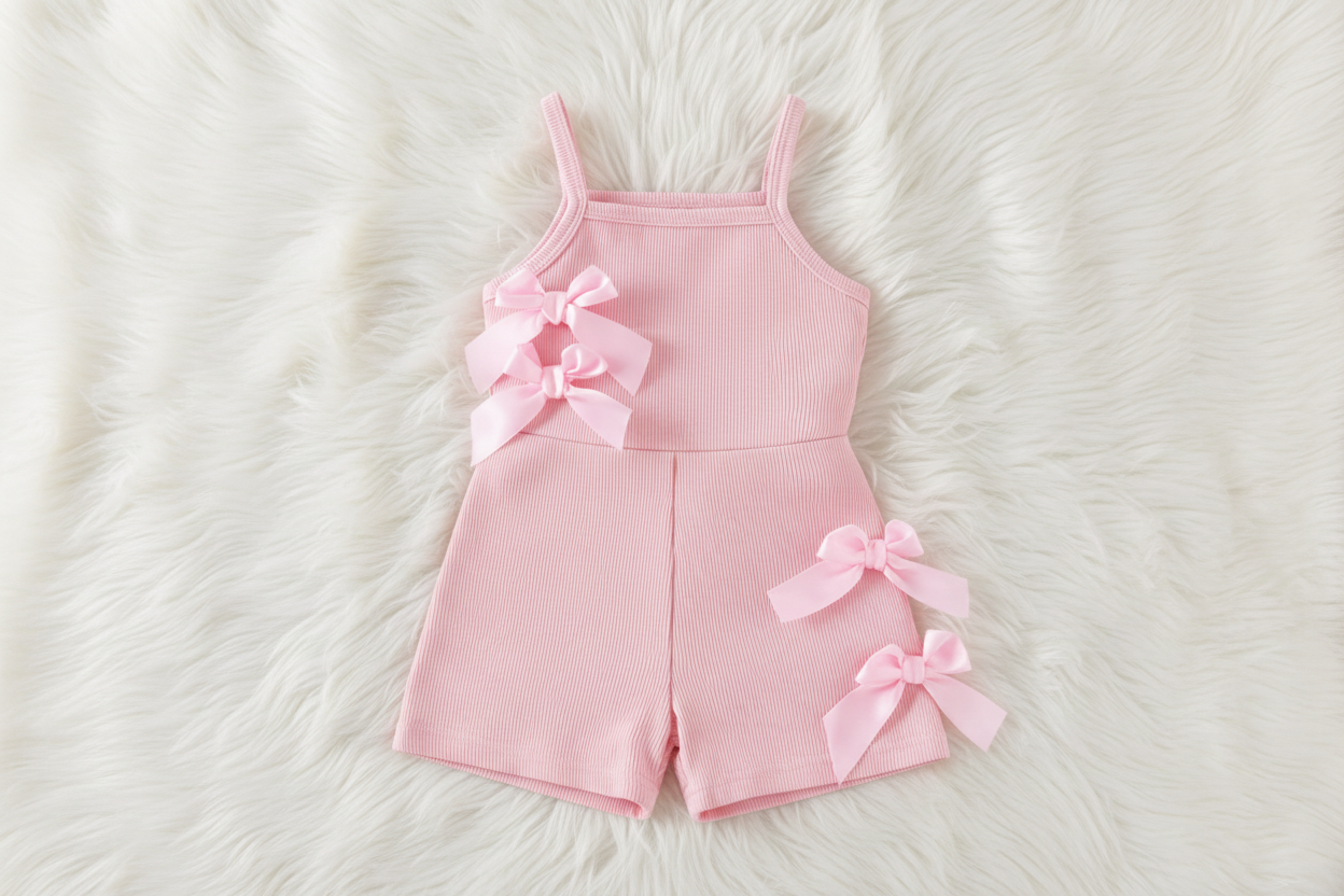 Girls’ Bow Accent Ribbed Romper – Sleeveless One‑Piece Summer Outfit