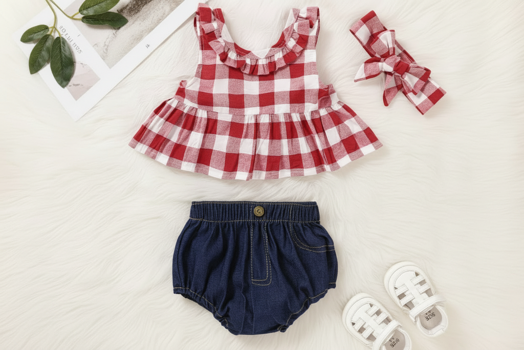 Baby Girls’ Gingham Ruffle Top & Denim Bloomers & Headband 