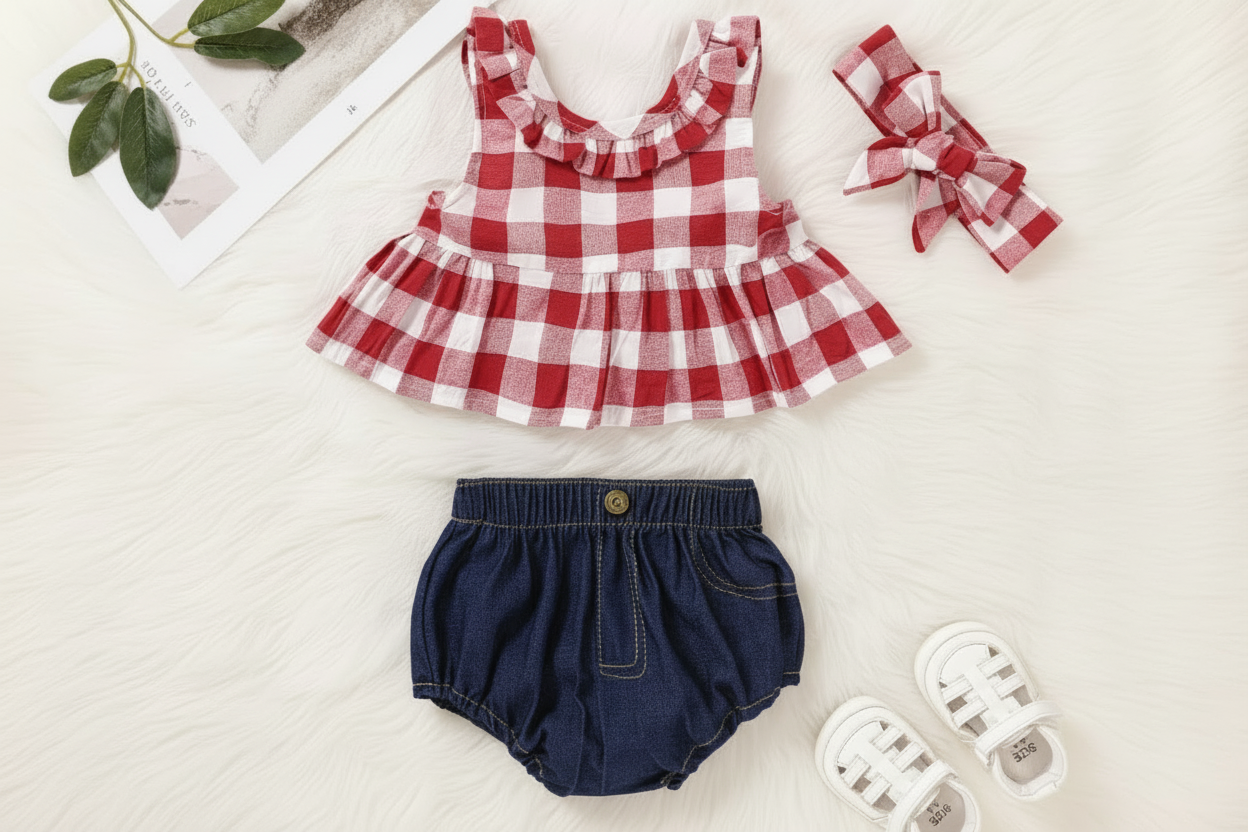 Baby Girls’ Gingham Ruffle Top & Denim Bloomers & Headband 
