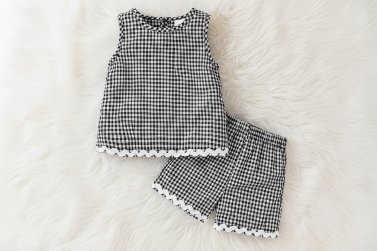 Girls’ Black & White Gingham Sleeveless Top & Shorts Set – 2‑Piece Summer Outfit