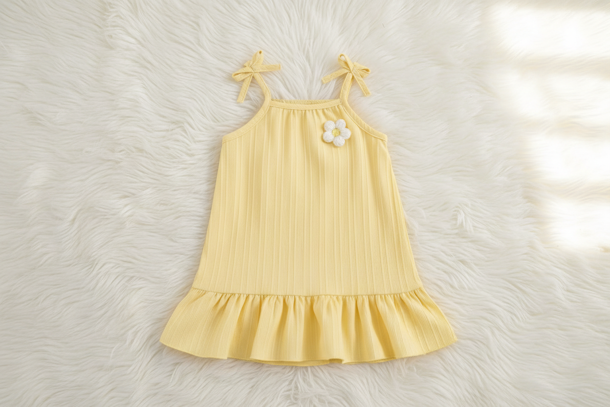 Girls’ Bow‑Strap Ruffle Hem Sundress with Flower Appliqué
