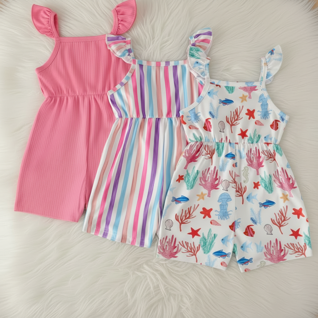 Girls’ Ruffle Strap Summer Romper – 3‑Pack