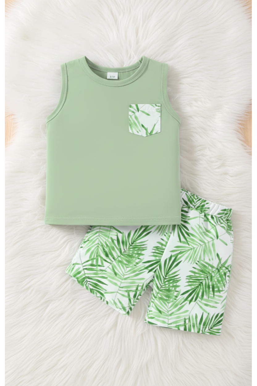 Boys’ Tropical Leaf Tank Top & Shorts Set – 2‑Piece Summer Outfit