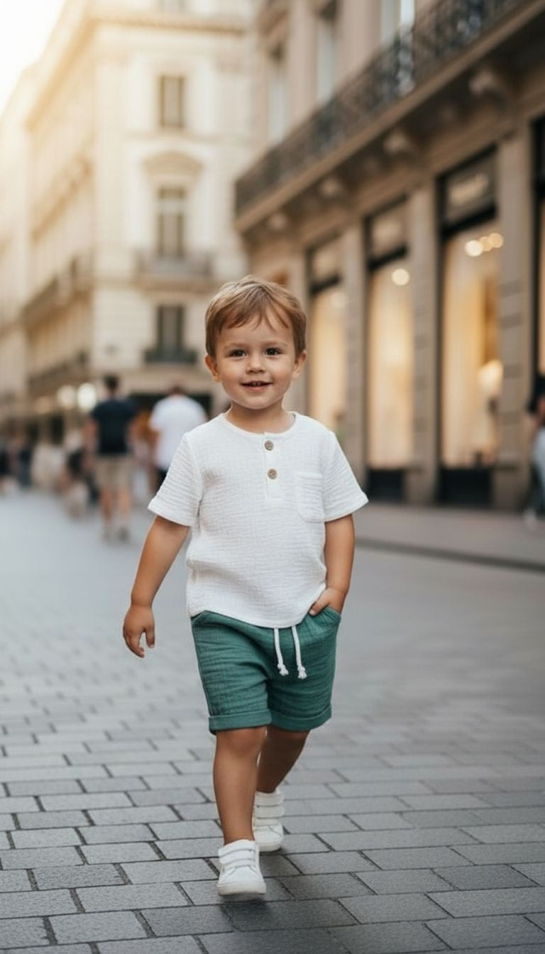 Button Henley Top and Shorts - 2- piece outfit set