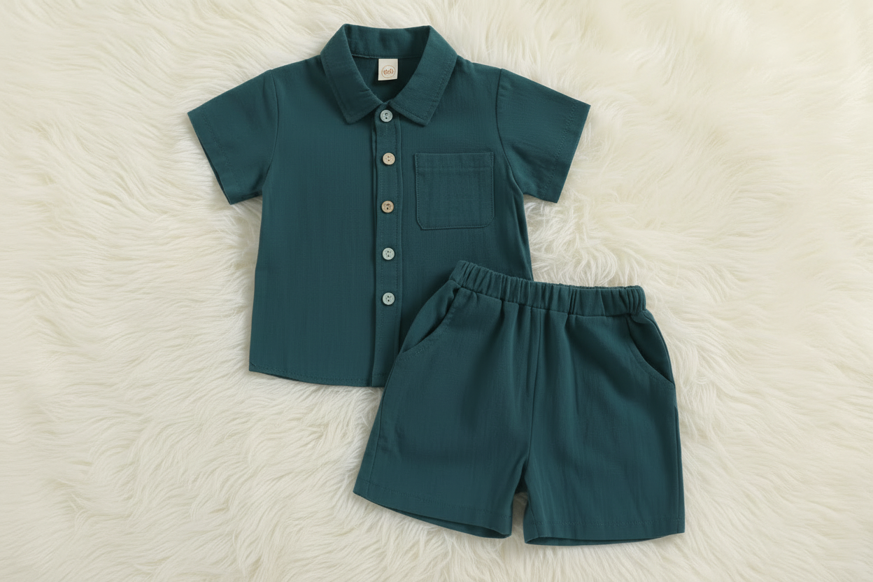 Collared Button Shirt and Shorts Set