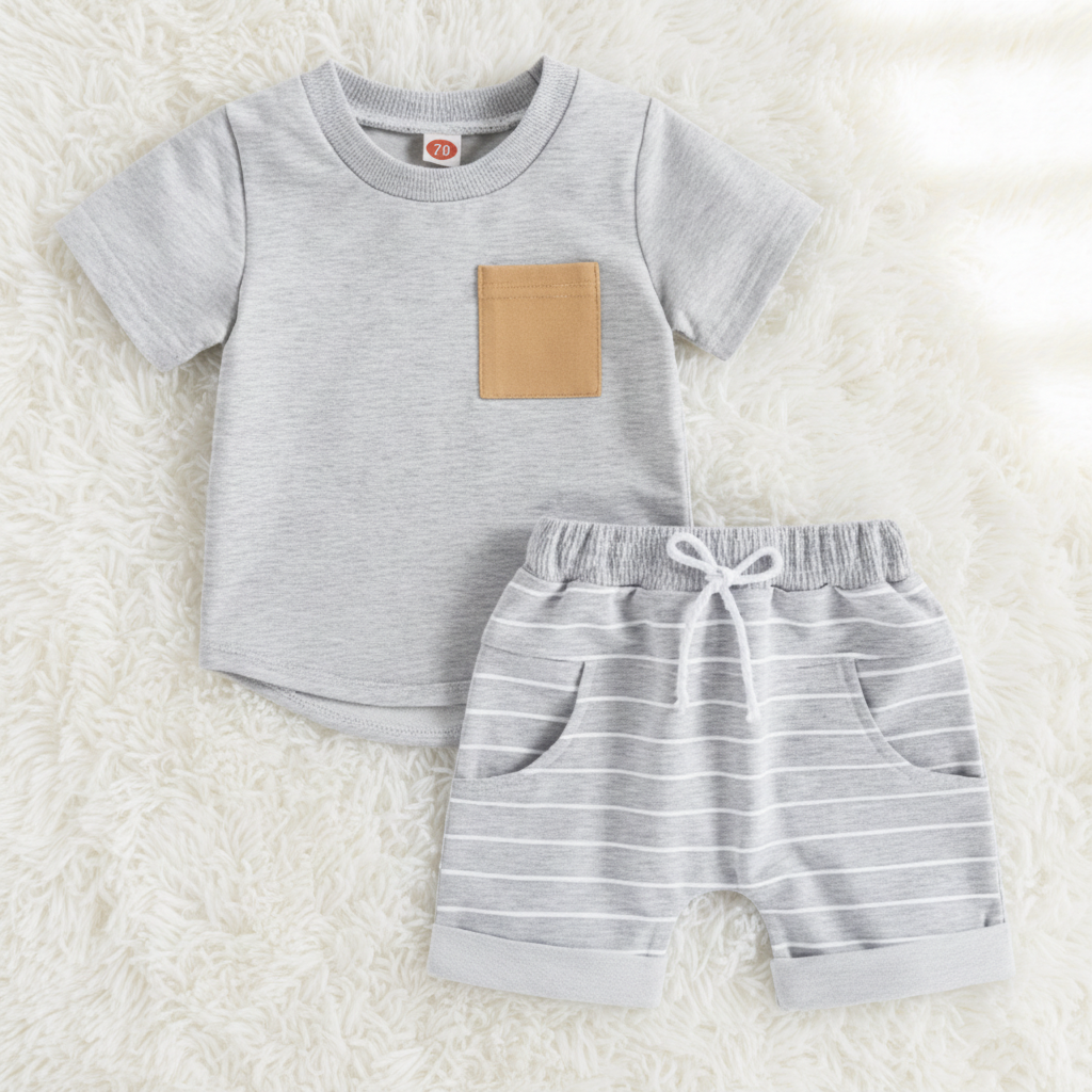 Contrast Pocket Outfit Set – Tee & Striped Shorts