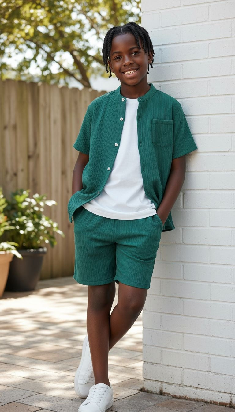 Textured Button Shirt & Shorts Set