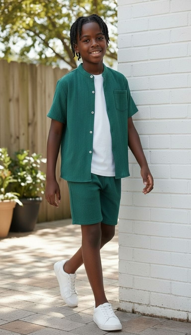 Textured Button Shirt & Shorts Set