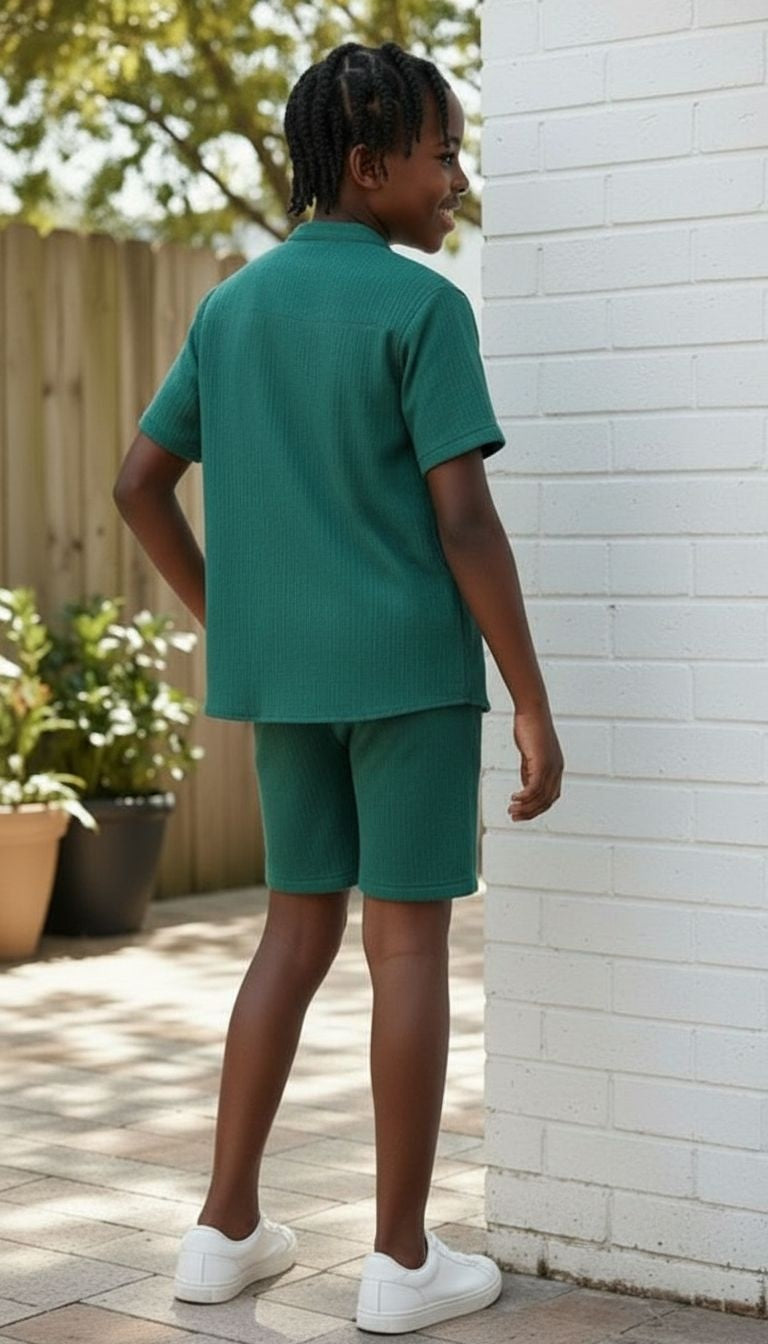 Textured Button Shirt & Shorts Set