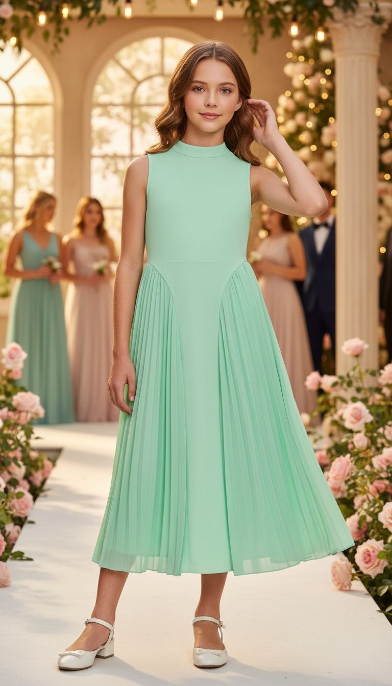 Elegant High‑Neck Pleated Skirt Dress - Mint & Navy