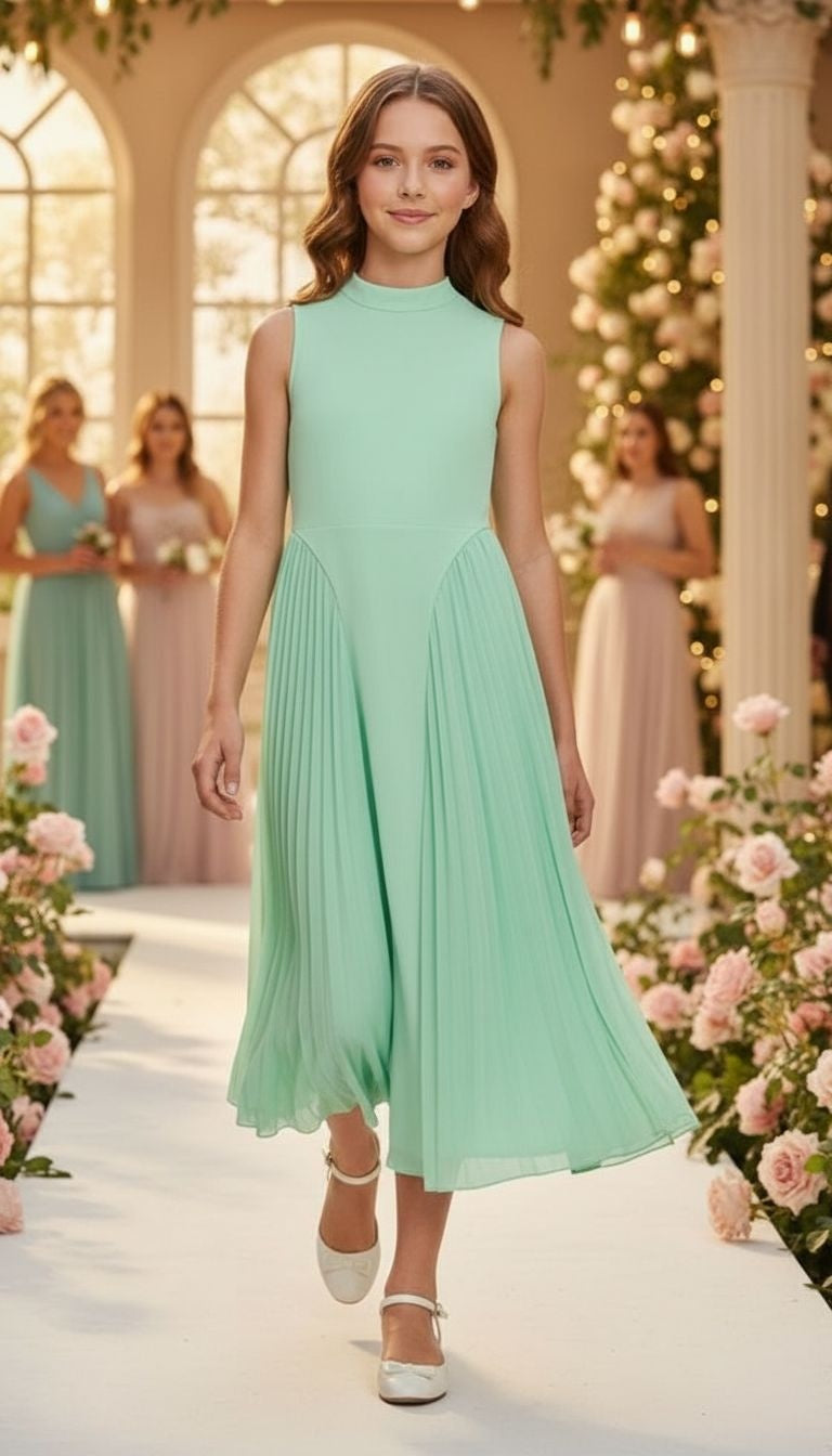 Elegant High‑Neck Pleated Skirt Dress - Mint & Navy