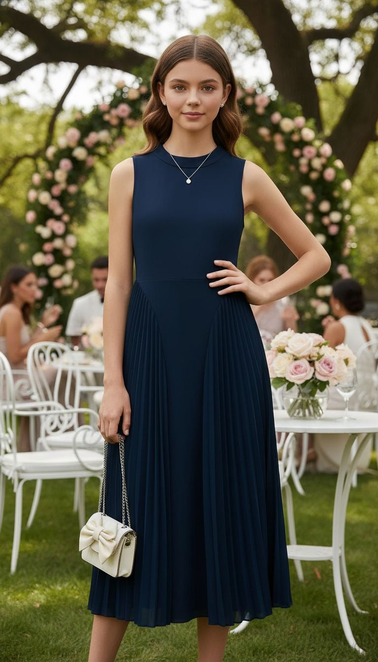 Elegant High‑Neck Pleated Skirt Dress - Mint & Navy